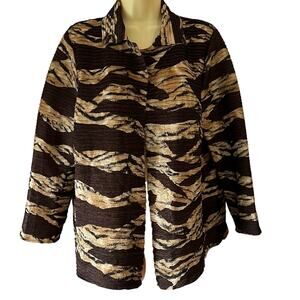 Chico’s 2  Brown Print Textured Open Front Jacket Woman Size 12 Lightweight